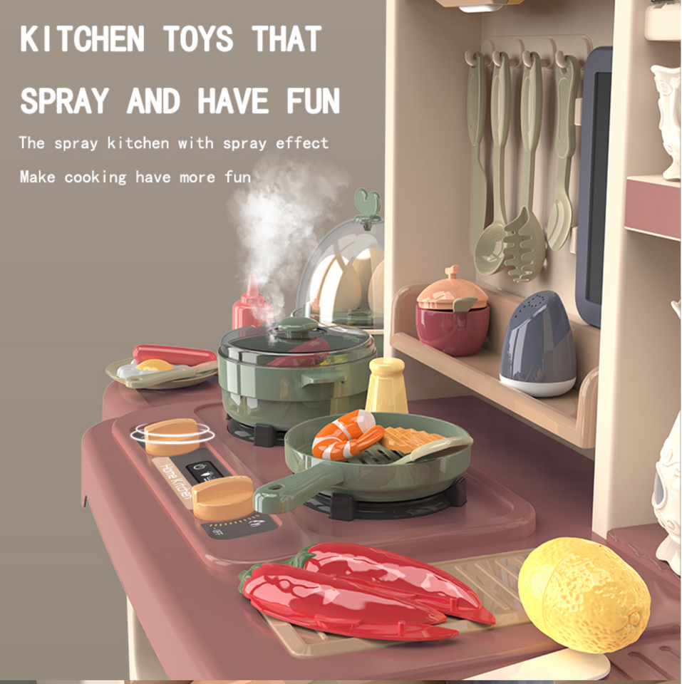 Pretend Play Toy Kitchen with Spray Mist, light & Sound,  65 accessories