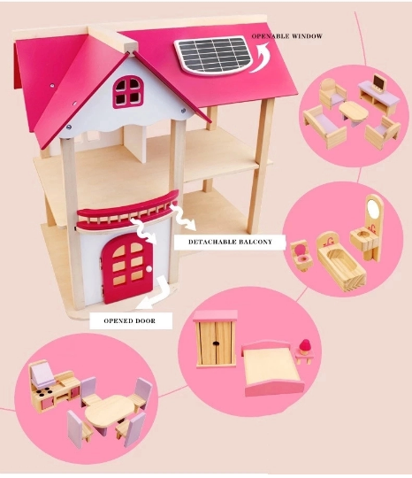 Good Kids DIY Pink Wooden  Doll House Pretend Play Toy Set