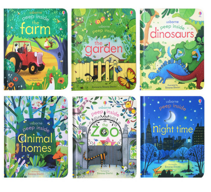 Usborne Peep Inside 6 Book Set (The farm, The Garden, Dinosaurs, Nigh Time, Animal Homes, The Zoo)